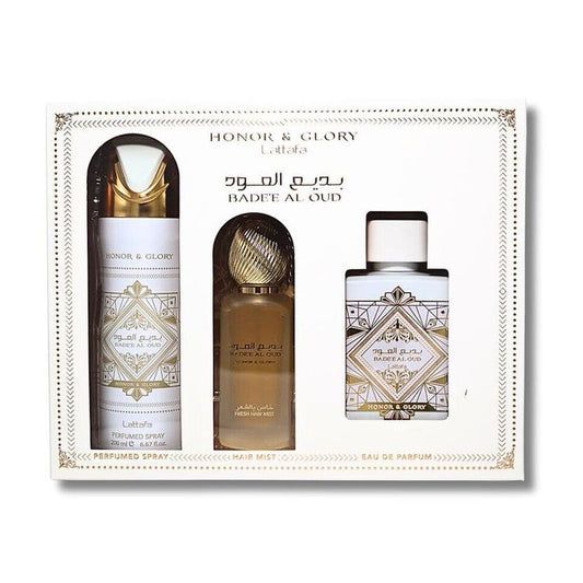 Lattafa 3 PC GIft Set Badee AL OUD Honor & Glory Perfume Hair Mist and Deo